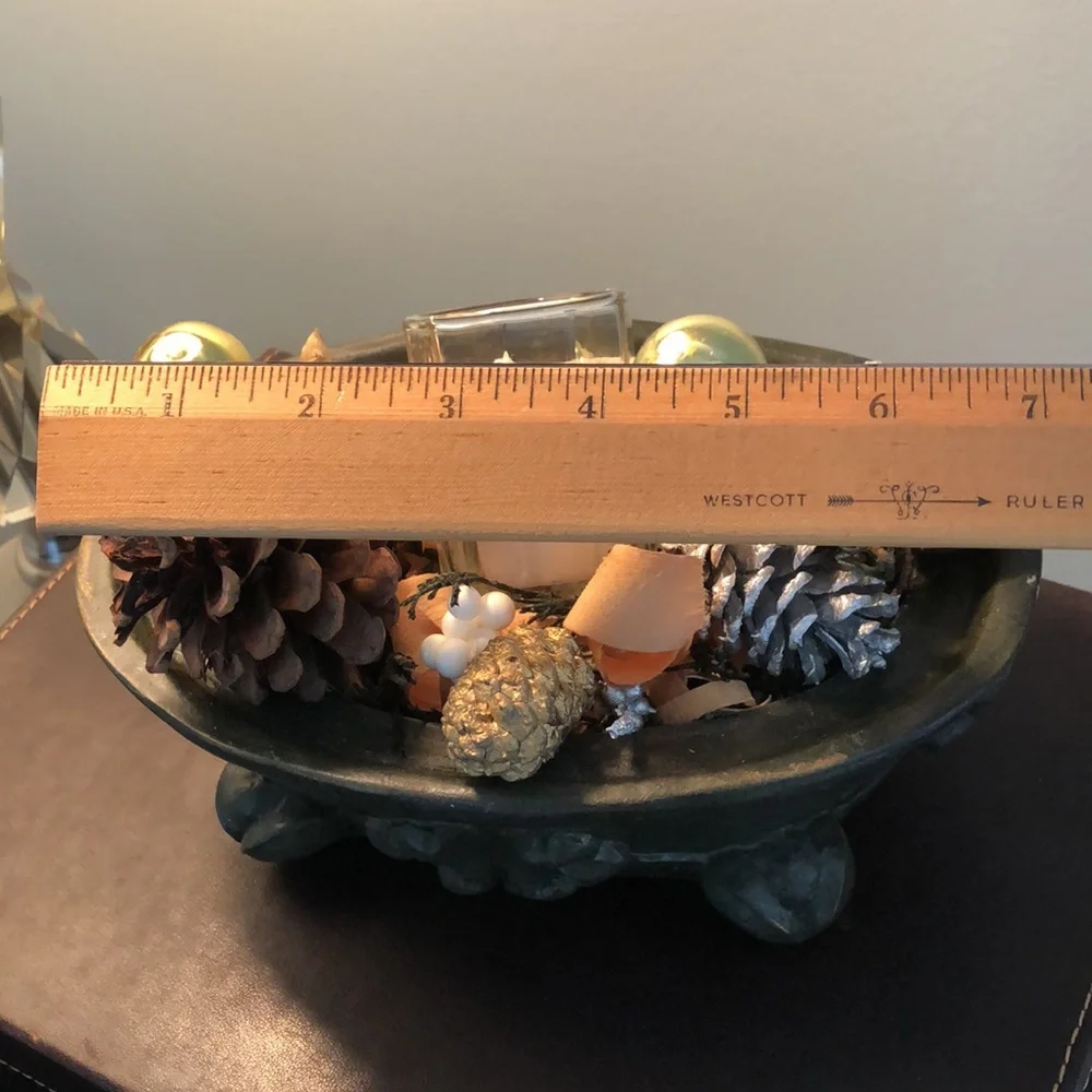 Floral, candle arrangement. Dark green, gold, silver. Votive vanilla candle